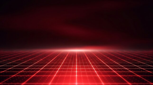 Retro pixel art landscape with a glowing red grid floor and dark horizon in a classic eighties video game style