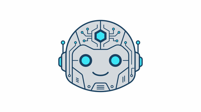 Robot head illustration features geometric lines and a teal central element