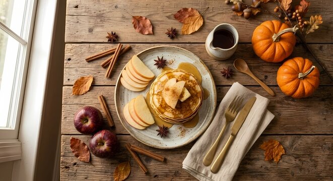 Autumn flat lay of delicious pancakes with apple slices, cinnamon sticks, and pumpkins on a rustic wooden table