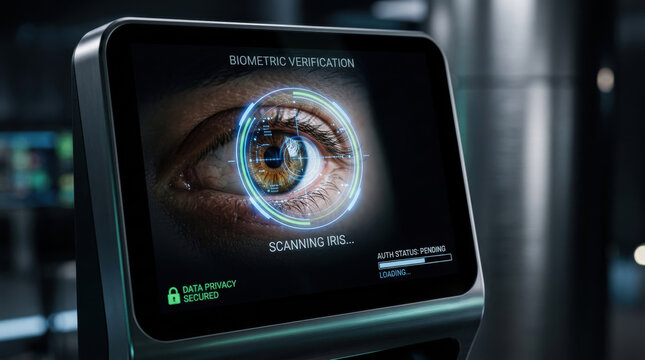 Biometric verification technology scanning iris for secure data privacy with esg reporting standards ensuring safety and compliance digital