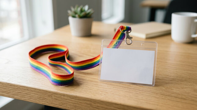 Blank badge holder with rainbow lanyard on wooden desk near plant and coffee cup showing diversity and inclusion in esg reporting standards