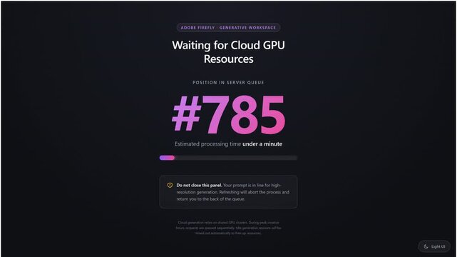 Digital User Interface Displaying a Server Queue and Waiting Time for Cloud GPU Processing Resources