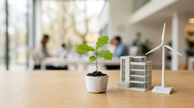 Sustainable esg reporting standards concept with small plant, building model, and wind turbine on wooden table in office space