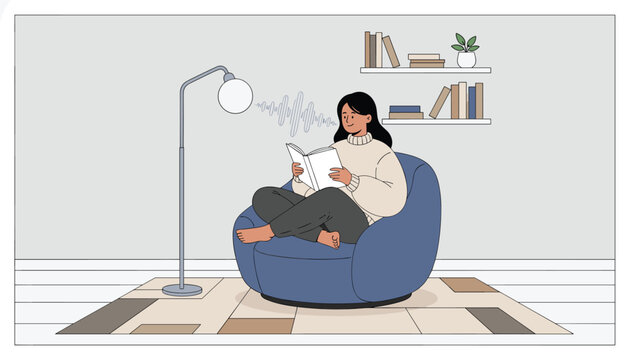 Young woman relaxing on a cozy bean bag chair while listening to an audio book with smart home voice assistant.