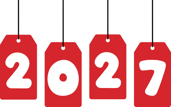 Red Hanging Tag 2027 New Year Typography, Flat Design Illustration