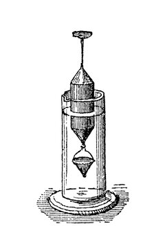 19th-century hydrometer with conical bulb, weighted base, and graduated stem, old vintage illustration, 1897.