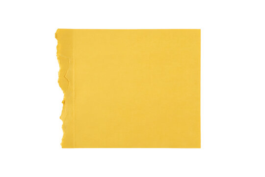 A square sheet of bright yellow paper with a rough torn left edge isolated on a transparent background