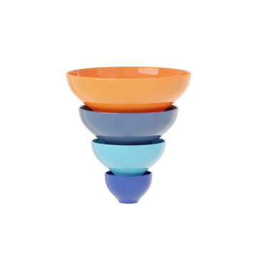 A stack of four colorful ceramic bowls in descending sizes of orange, slate blue, cyan, and royal blue isolated on a transparent background