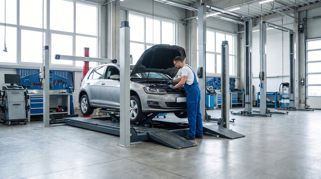 Professional mechanic in uniform inspects an automobile engine on a hydraulic lift inside a spacious, brightly lit modern car service center with advanced diagnostic tools.