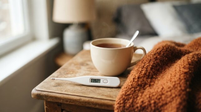 Digital Thermometer Showing High Fever Beside Hot Tea and Warm Blanket at Home