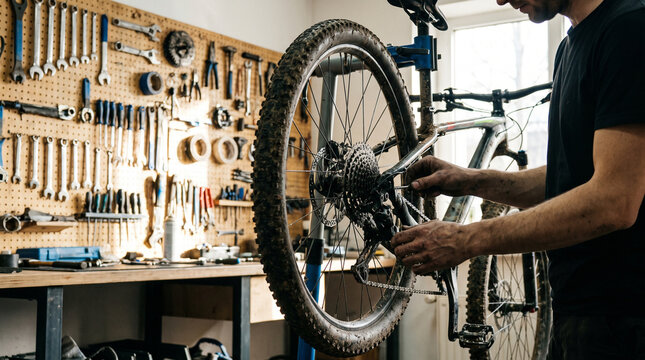 A professional bicycle mechanic carefully adjusts the gears and chain of a mountain bike mounted on a repair stand in a cozy service center with wooden walls and tools.