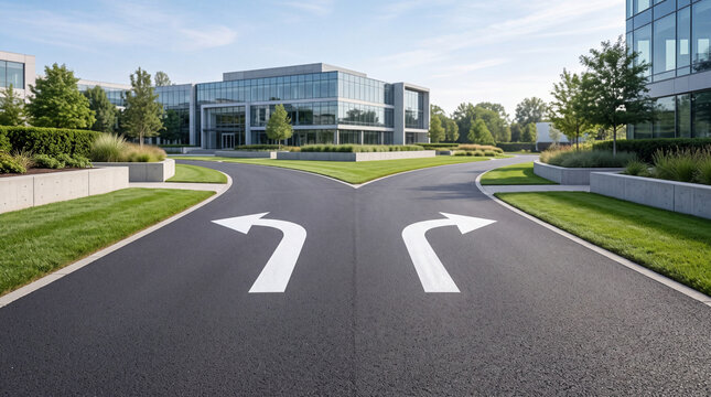 Fork in the road with arrows pointing left and right, leading to modern office buildings surrounded by green landscaping, decision point concept