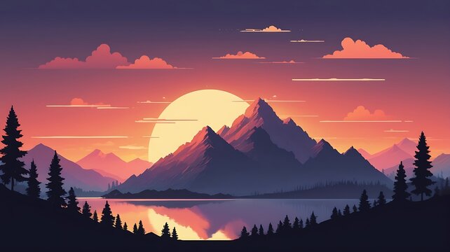 Minimalist 8-bit style mountain silhouette at sunset