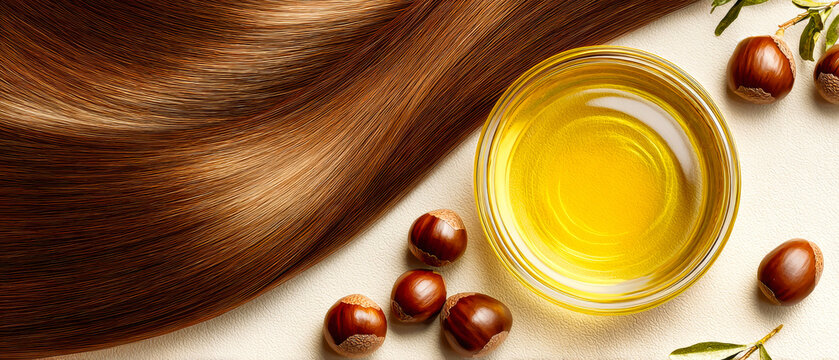 Long brown hair rests on a simple white surface with argan fruits nearby. A glass bowl filled with amber-colored hair oil is shown above