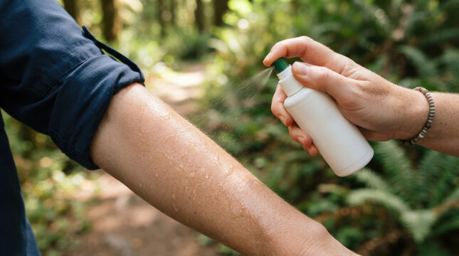 Person Applying Insect Repellent Spray to Arm While Hiking in Green Forest