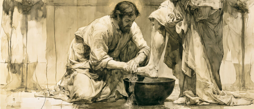 Jesus kneels and washes the feet of another person in a simple, ancient setting. This moment shows a significant act of humility and service