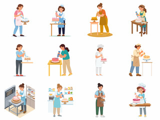 Fototapeta premium Vector illustration set of women pastry chefs and bakers decorating various gourmet cakes with frosting. Diverse flat character collection showing people baking desserts for a professional bakery shop
