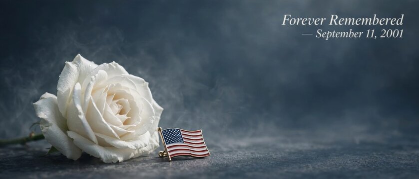Heartfelt tribute featuring white rose alongside an american flag honoring memory september 11 2001 tragedy in united states