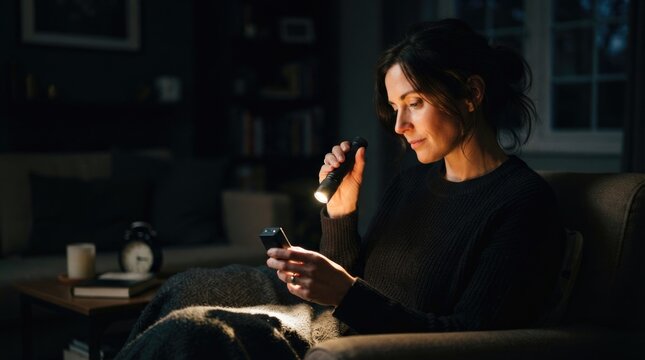Woman Using Flashlight and Mobile Phone at Home During Nighttime Power Outage