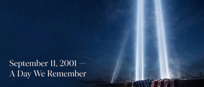 September 11 2001 remembrance day reflection memorial lights shine over american flag
