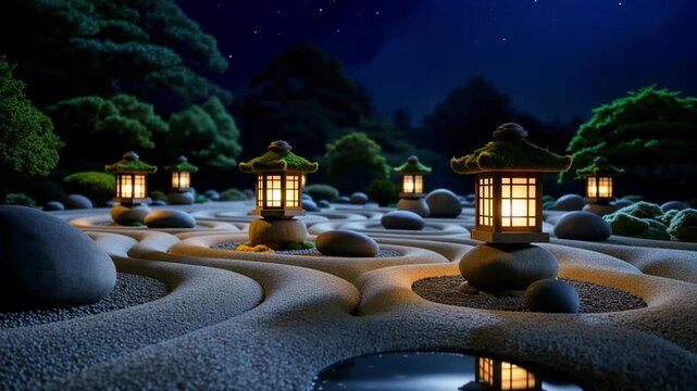 Tranquil Japanese garden at night featuring illuminated lanterns, smooth stones, and raked sand patterns under a starry sky, creating a serene atmosphere