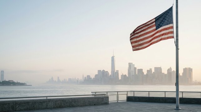 Emotional remembrance memorial usa flag waves over new york city skyline on september 11 2001 tribute