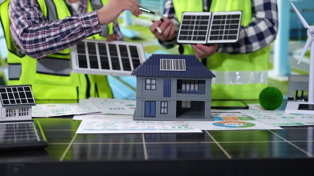 Engineers in safety vests hold solar panels above a model house with rooftop solar, planning a clean energy project at a desk.
