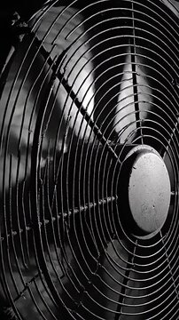 Close up of rotating industrial ventilation fan blades behind metal grill