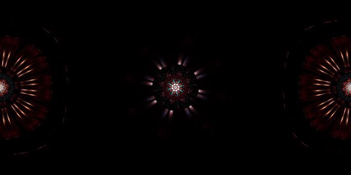 Abstract VR 360 mandala with sacred geometry in a dark equirectangular environment map, created for spiritual dome projection, metaverse immersion, VJ visual loops and HDRI spherical map