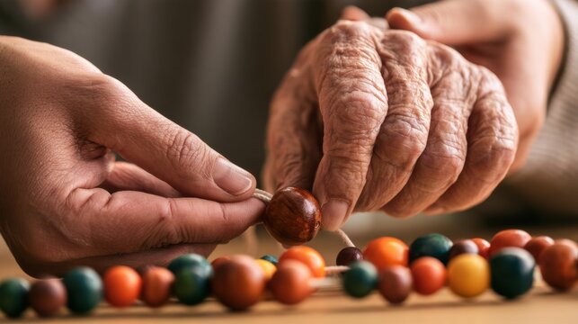 Rehabilitation / Physical Therapy Elderly hands stringing colorful beads, highlighting craftsmanship and detail in handmade jewelry creation.
