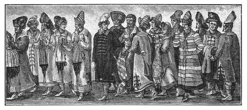 Russian embassy to Emperor Maximilian II in Regensburg, 1576, carrying furs as gifts, old vintage illustration, 1894.