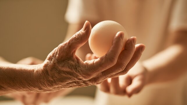 Rehabilitation / Physical Therapy An elderly hand is gently passing a white egg to a younger person in a warm, softly lit setting.