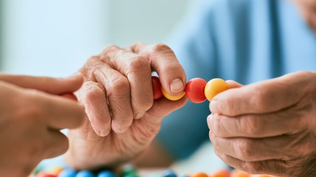 Rehabilitation / Physical Therapy An elderly hand and a younger hand threading colorful beads together, symbolizing connection and care.