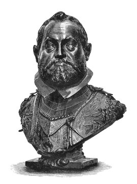 Bust of Emperor Rudolf II in ornate armor with beard and ruffled collar, old vintage illustration, 1894.