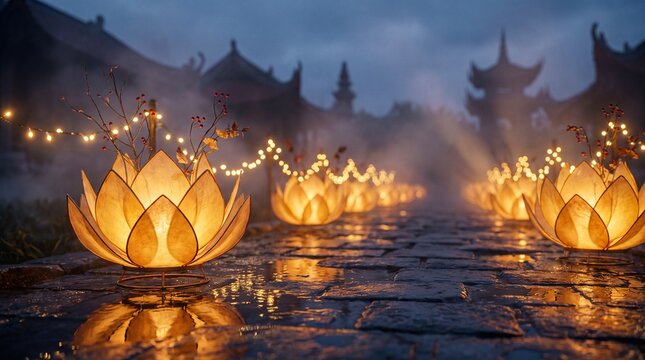 Cinematic Double Ninth Festival night scene with glowing chrysanthemum lanterns, traditional Chinese architecture, warm amber and navy tones, ideal for cultural tourism and festival