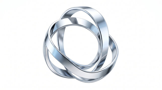 Abstract 3D chrome rings interlocking to form a spherical orbit shape with glossy reflective silver surface, isolated on white background. Sleek futuristic technology design concept