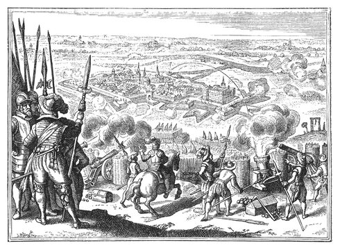 Siege of J&uuml;lich, 1610, with soldiers, cannons, and fortified city, old vintage illustration, 1894.