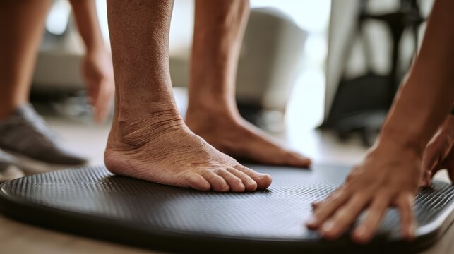 Rehabilitation / Physical Therapy Person standing barefoot on a balance board while another adjusts the board during a fitness or rehabilitation session.