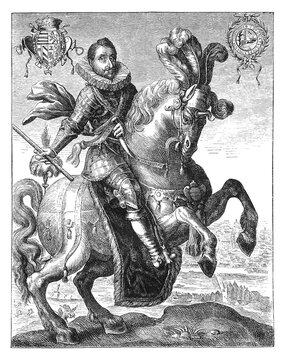 Emperor Ferdinand II on horseback in armor with ruffled collar, vintage engraving, old vintage illustration, 1894.