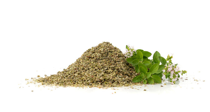 Dry thyme isolated, dried marjoram, oregano pile, ground crushed thyme seasoning, thyme leaves