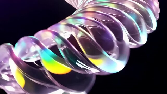 Colorful spiral of translucent rings twisting and turning against a dark background, showcasing vibrant reflections and light patterns in a continuous motion sequence