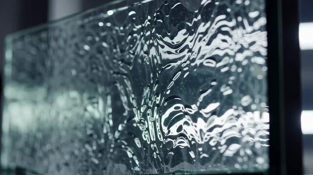 Textured glass panel with rippled surface reflecting light in a modern indoor setting, showcasing the intricate patterns and clarity of the material