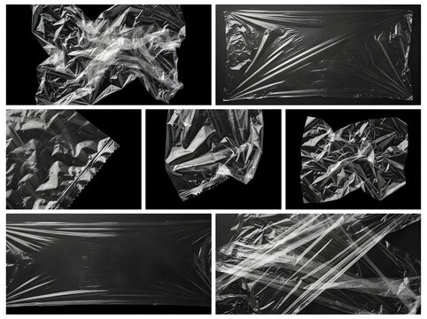 Set of transparent wrinkled plastic wrap textures on black background for design overlays