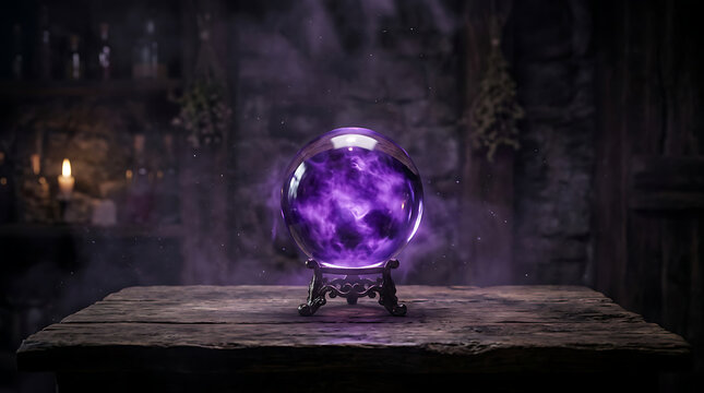 A glowing purple crystal ball sitting on a wooden table in a dark mystical room.