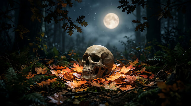 A human skull resting on autumn leaves in a dark forest under a full moon.