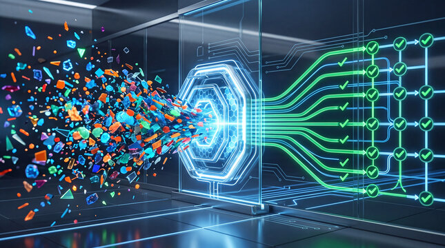 Digital transformation abstract, data processing from chaos to order, information flow through glowing futuristic gate with checkmarks, technology concept