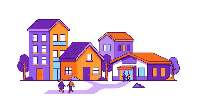 Colorful vector illustration of residential houses and town buildings in a cozy suburban neighborhood. EPS Editable