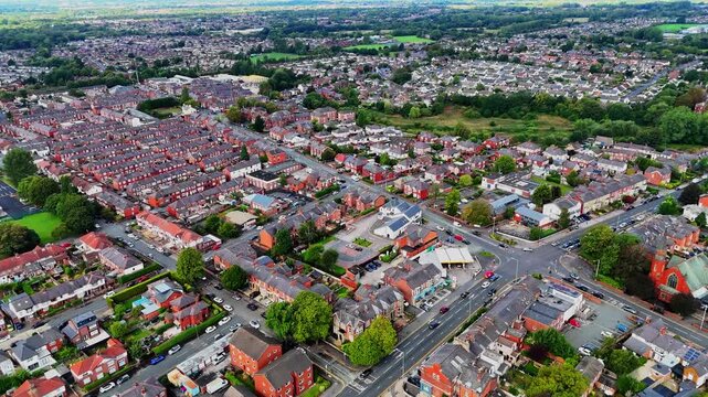 Aerial wide shot of residential houses and roads in Fulwood, Preston