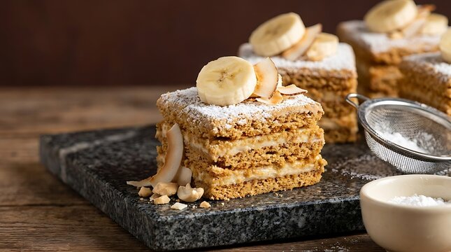 Delicious layered banana cake slice with fresh fruit topping served on a dark rustic wooden board table. banana powder treat