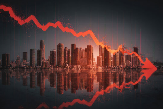  The concept of an economic collapse. A declining financial graph, a global recession. Indicators of a stock market crash, inflation, and a financial crisis. A decline in GDP revenues and a reduction